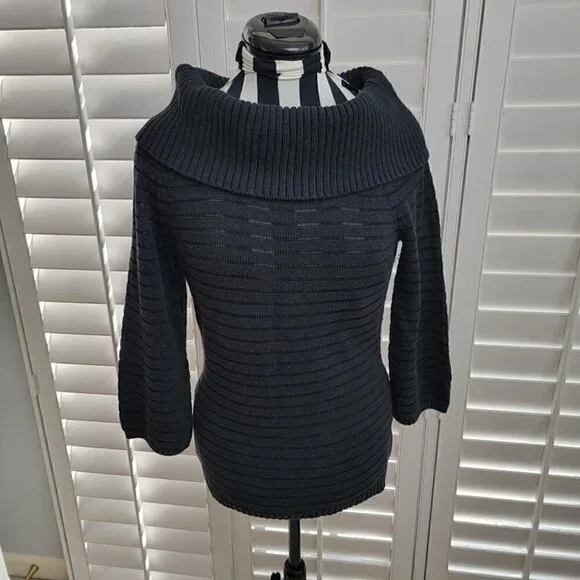 WHITE HOUSE BLACK MARKET BLACK STRIPED RIBBED KNIT COWL NECK SWEATER, SIZE S - Picture 6 of 11